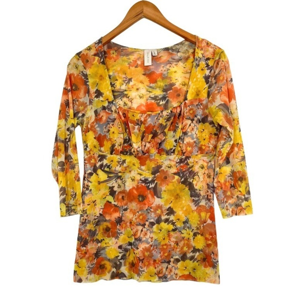 Daisy & Clover Floral Mesh‎ Tunic Top L Y2K Empire Waist 90s Babydoll Lined